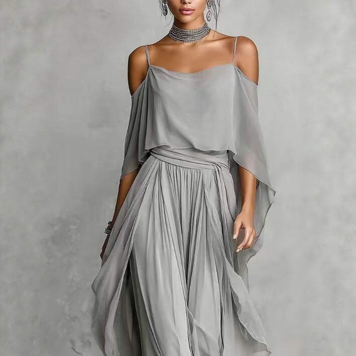 Free delivery of high-quality 2026 new summer women's clothing hot selling gray off shoulder suspender wide leg pants set