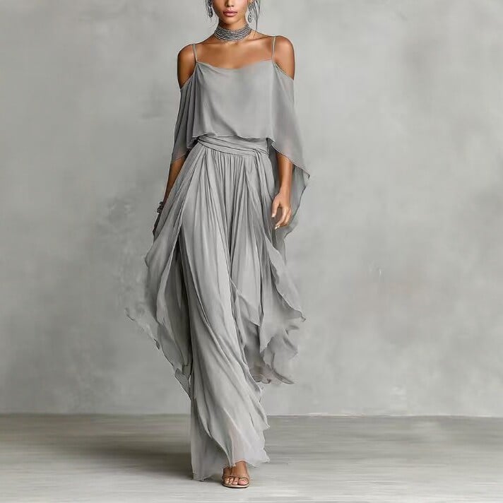 Free delivery of high-quality 2026 new summer women's clothing hot selling gray off shoulder suspender wide leg pants set