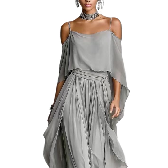Free delivery of high-quality 2026 new summer women's clothing hot selling gray off shoulder suspender wide leg pants set