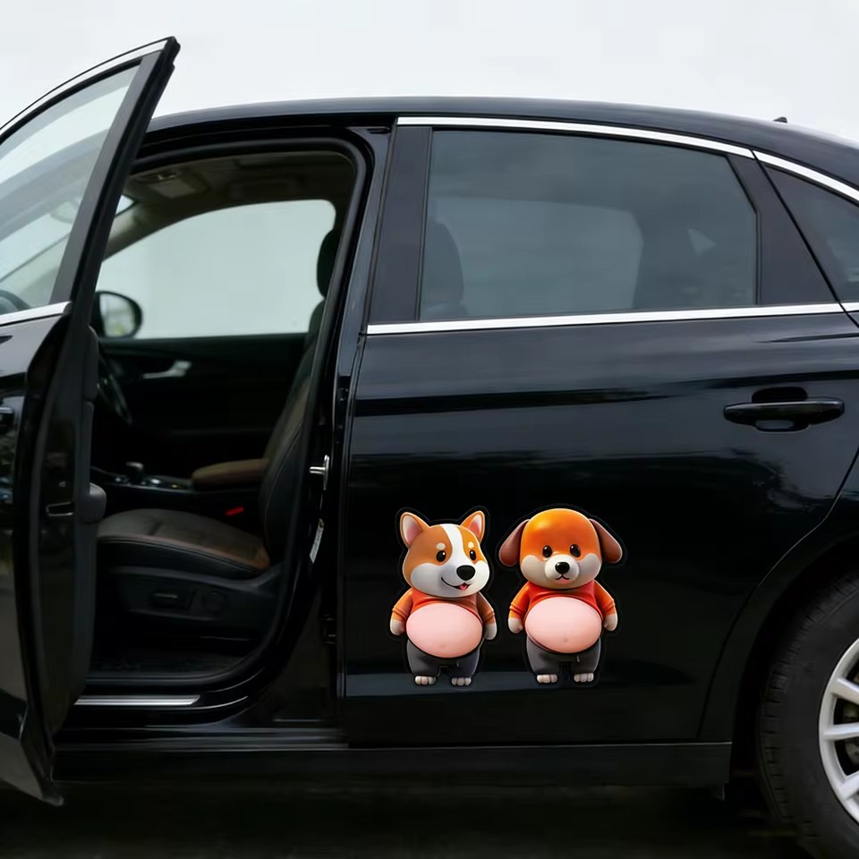 2Pcs Cute Big Belly Corgi Squeeze Stickers, Car Door Anti-collision Protector, Home Kitchen Office Decor, Party Gifts
