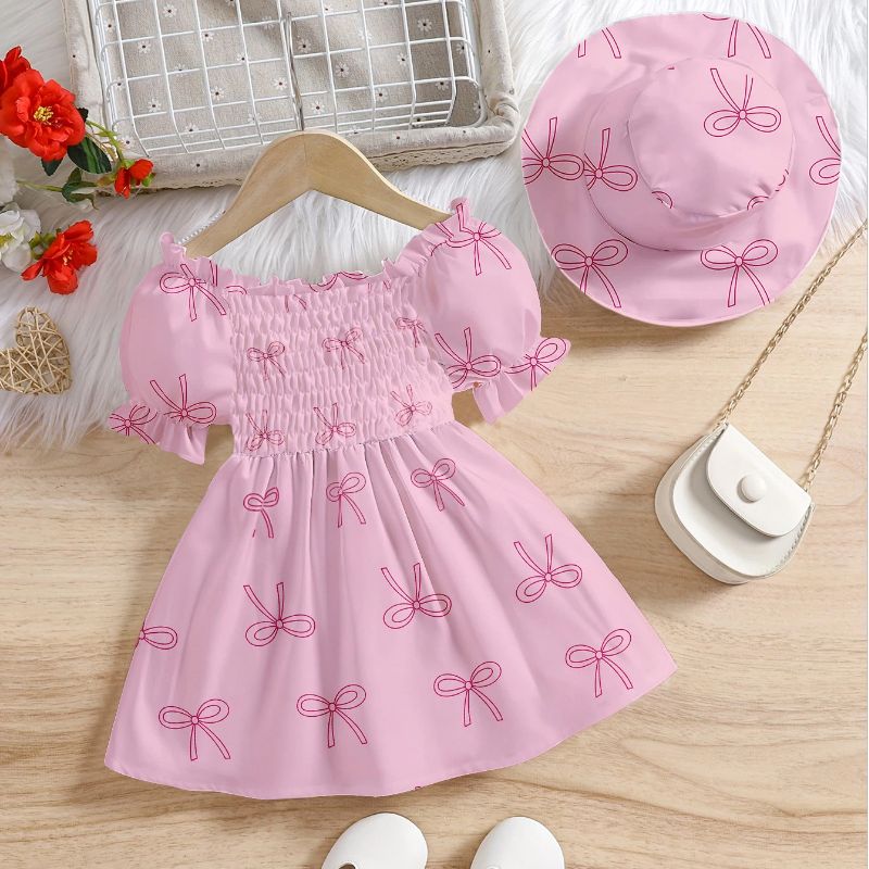 0-3 year old girl's bow print princess dress two-piece set with hat included