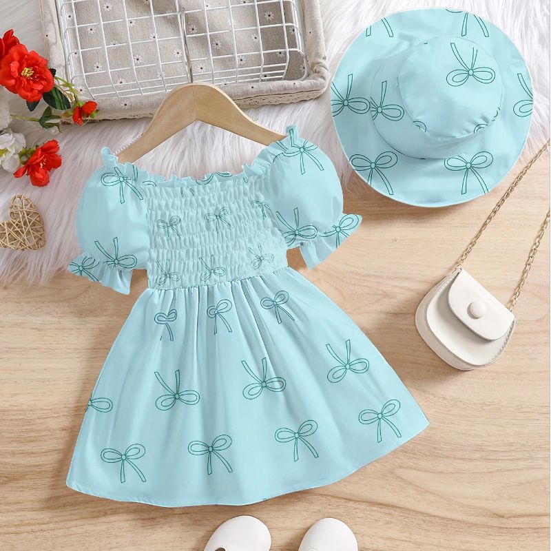 0-3 year old girl's bow print princess dress two-piece set with hat included