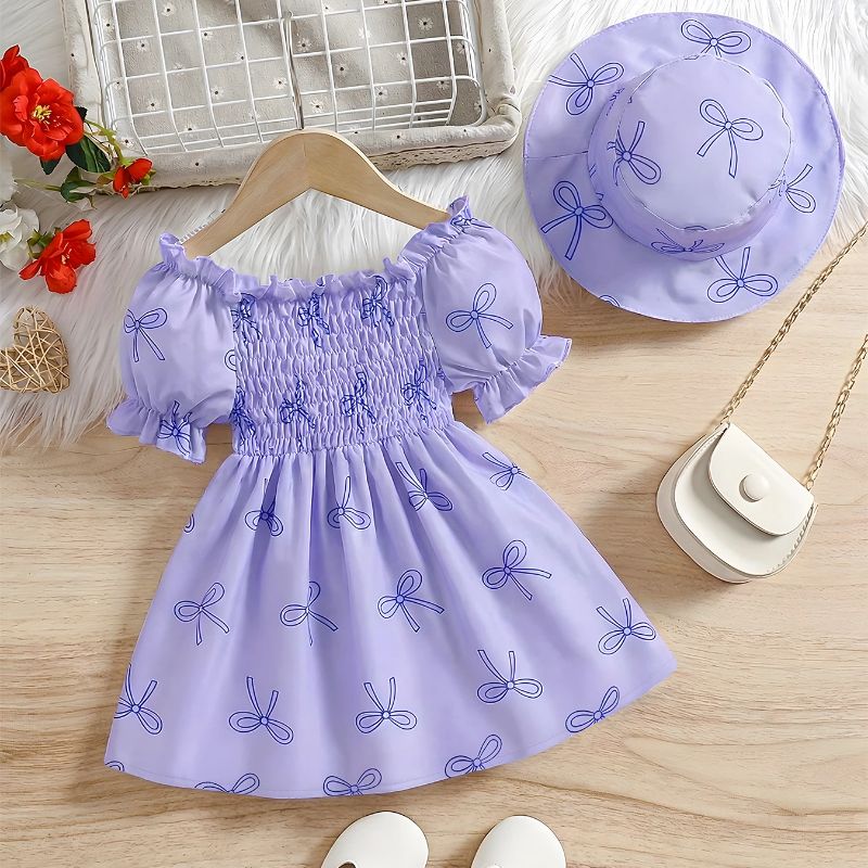 0-3 year old girl's bow print princess dress two-piece set with hat included