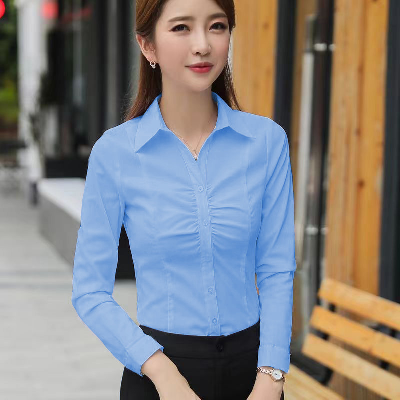 Fashion Simple Pleated Women's Long-sleeved New Slim-fit Slimming Lapel Micro-elastic Base Top Shirt