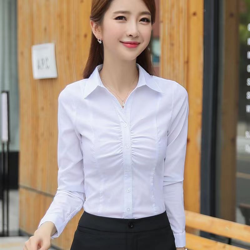 Fashion Simple Pleated Women's Long-sleeved New Slim-fit Slimming Lapel Micro-elastic Base Top Shirt