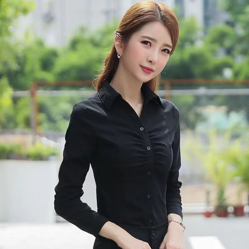 Fashion Simple Pleated Women's Long-sleeved New Slim-fit Slimming Lapel Micro-elastic Base Top Shirt