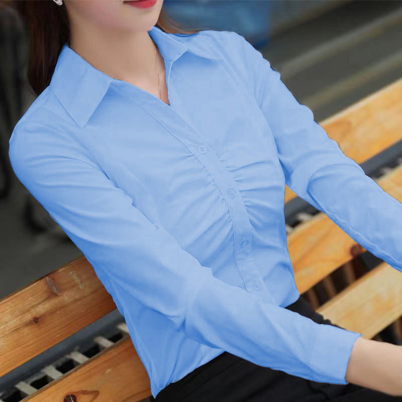 Fashion Simple Pleated Women's Long-sleeved New Slim-fit Slimming Lapel Micro-elastic Base Top Shirt