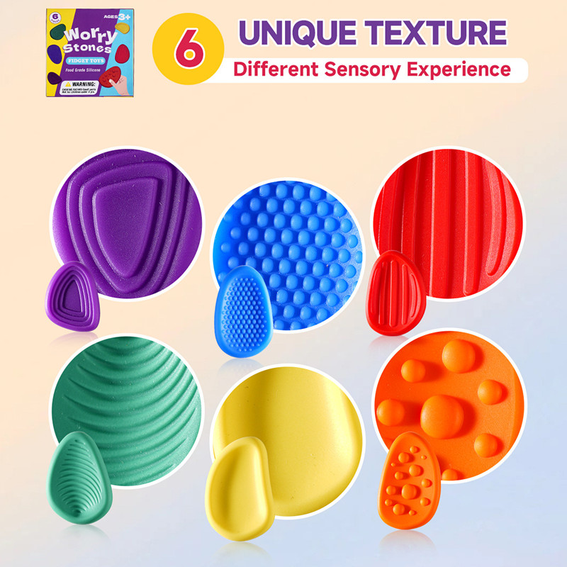 6Pcs Fidget Toys Sensory Stone for Kids Textured Soft Worry Stone for Autism Quiet Fidgets Stress Items Anxiety Relief Gift