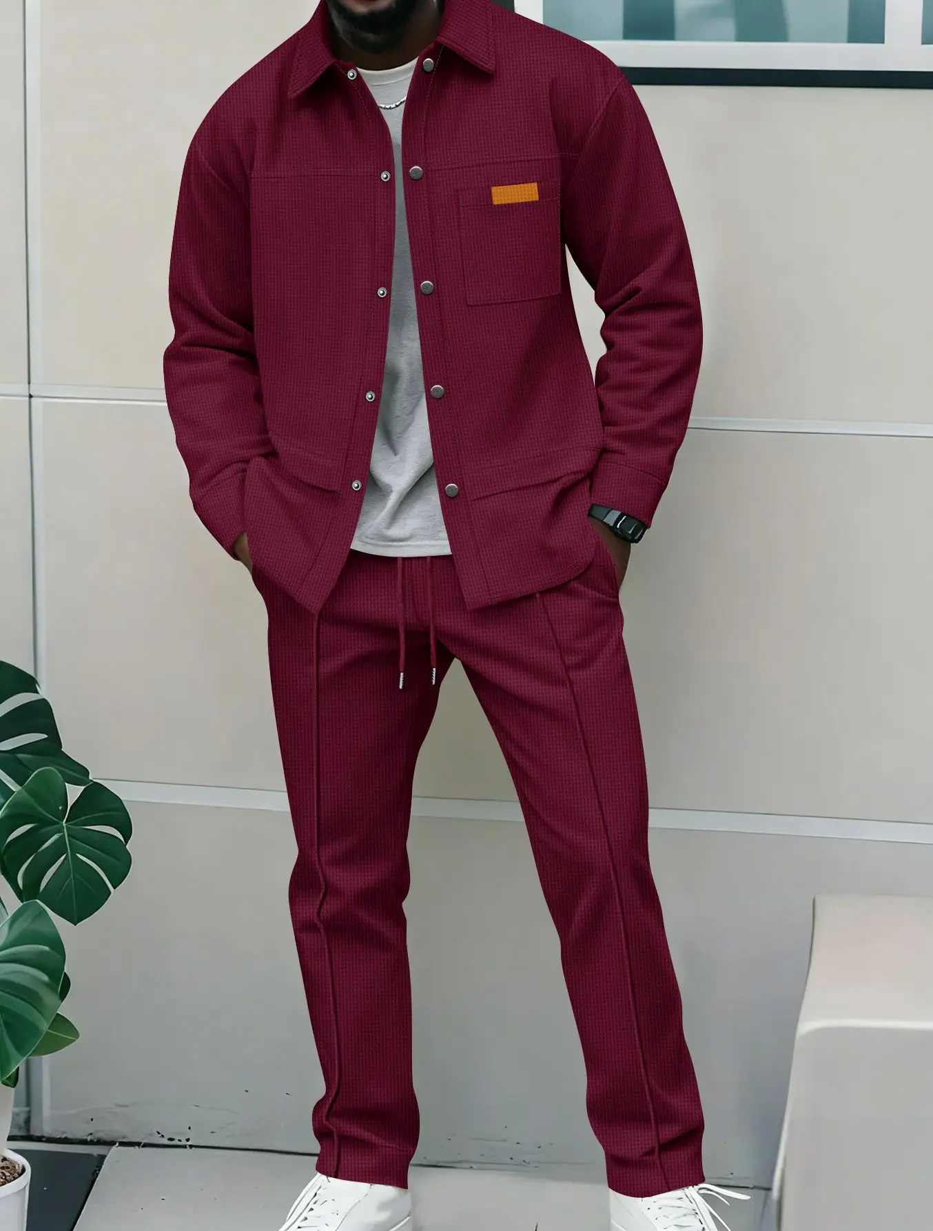 Spring and Autumn Men's High-Quality Waffle Pure Color Placket Pocket Jacket Set - A Stylish and Casual Two-Piece Outfit
