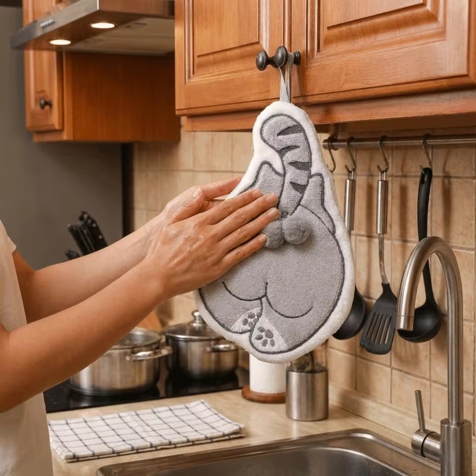 Cartoon Animals Hand Towel Absorbent Hand Cloth Bathroom Hanging Towel Kitchen Cleaning Wipe Cloth Cute Cat Bathroom Towels