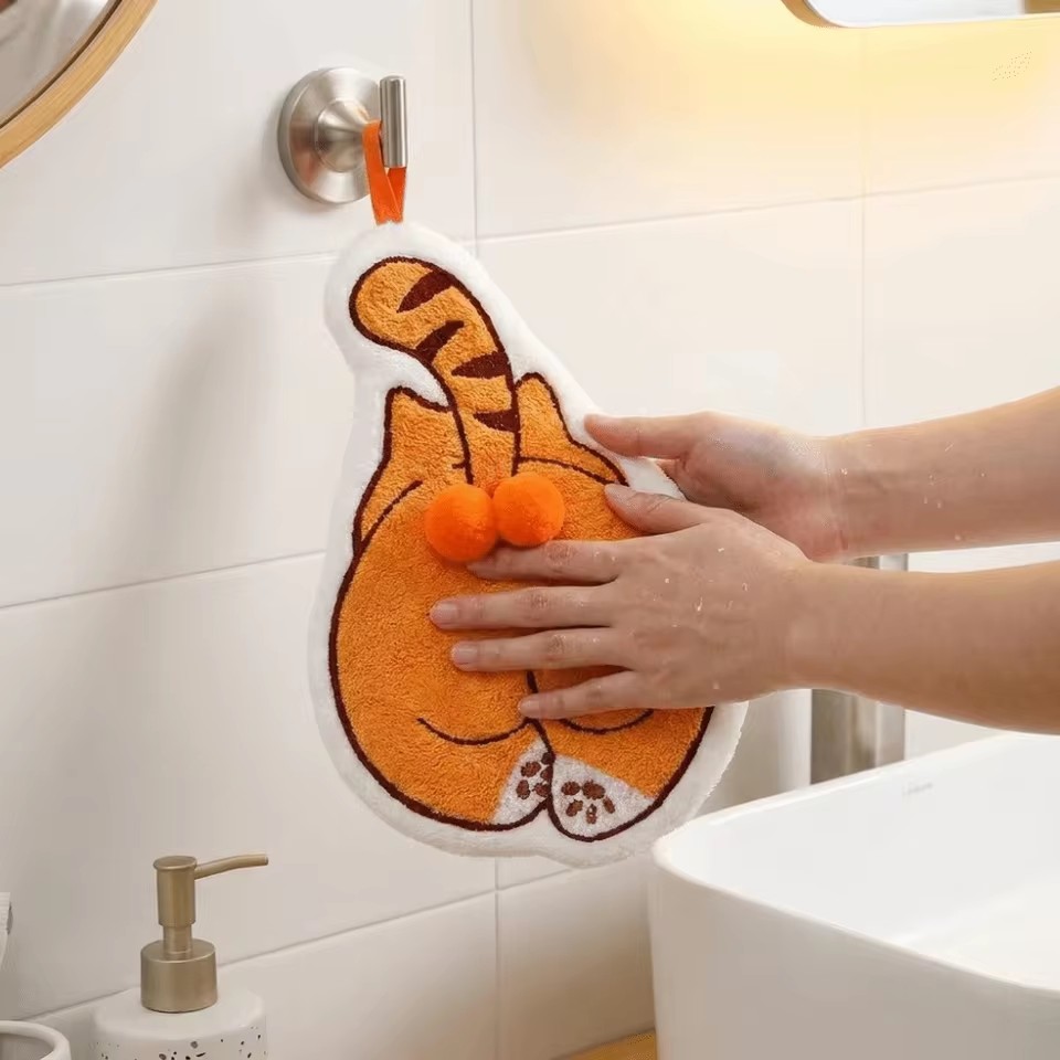 Cartoon Animals Hand Towel Absorbent Hand Cloth Bathroom Hanging Towel Kitchen Cleaning Wipe Cloth Cute Cat Bathroom Towels