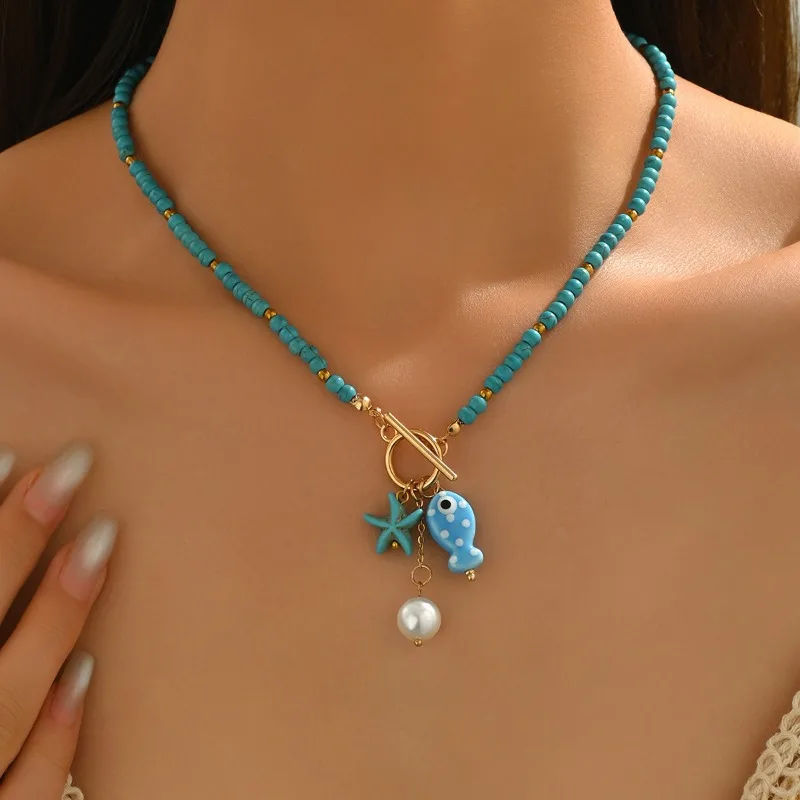 Bohemian Starfish Pendant Necklace with OT Buckle Women Handmade Rice Beads Ceramic Fish Choker Necklace Beach Jewelry Gifts