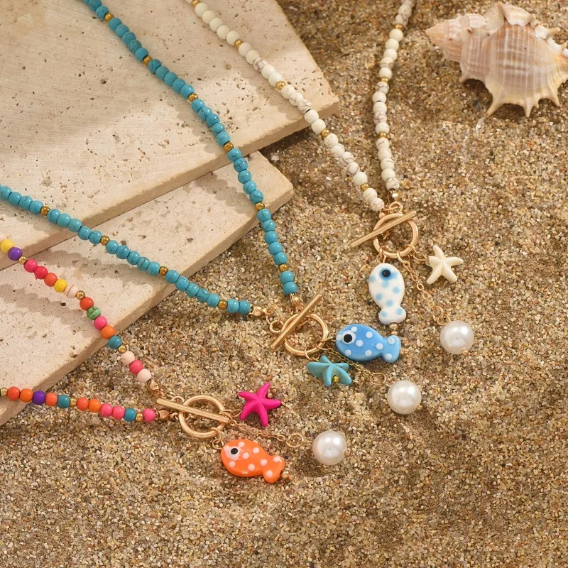 Bohemian Starfish Pendant Necklace with OT Buckle Women Handmade Rice Beads Ceramic Fish Choker Necklace Beach Jewelry Gifts