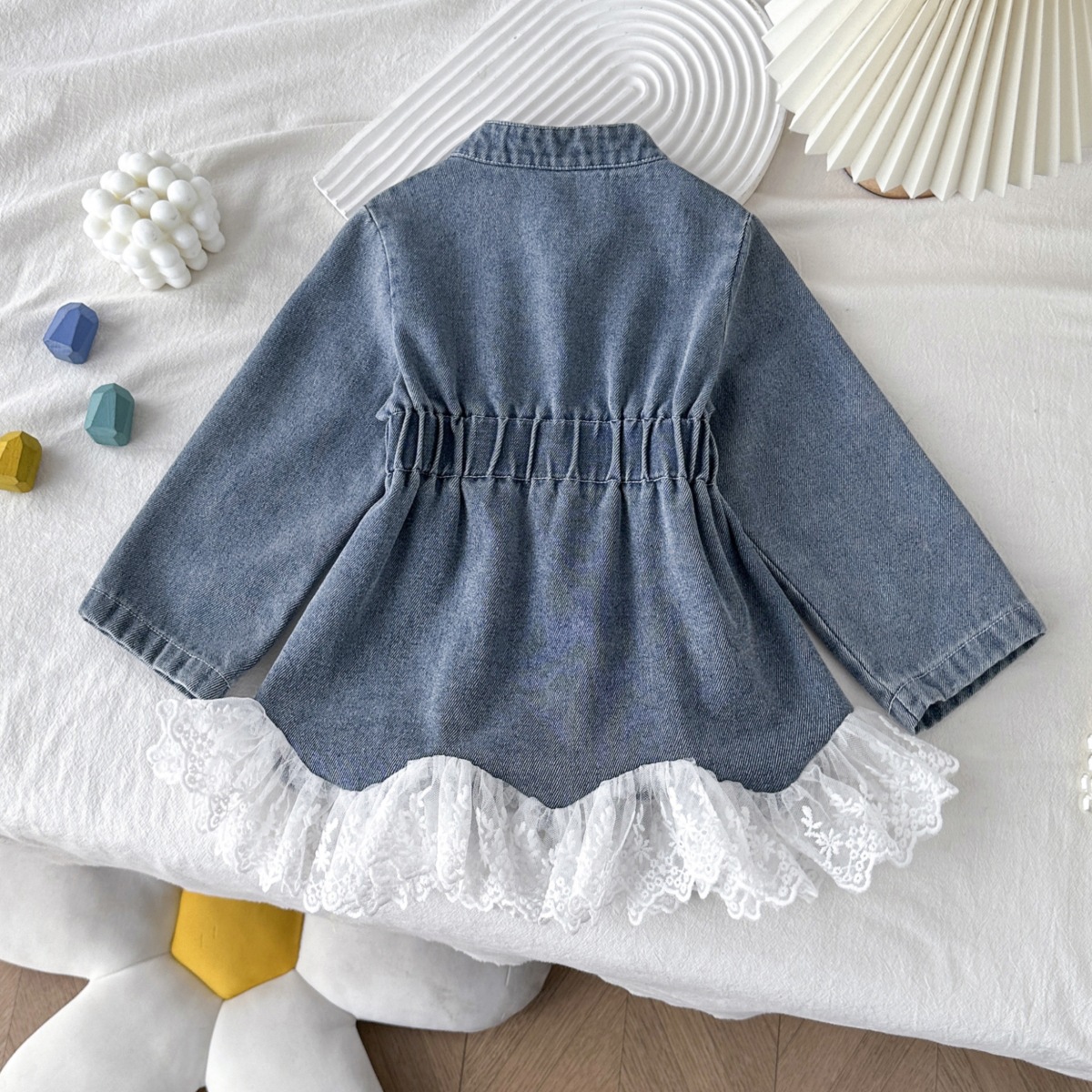 Autumn Kids Girls Denim Dress RAISE Lace Hem Children Girls Turn Down Collar Dress Elastic Waist Toddler Girls Long Sleeve Coats