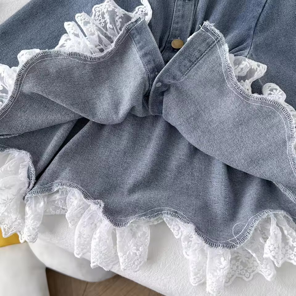 Autumn Kids Girls Denim Dress RAISE Lace Hem Children Girls Turn Down Collar Dress Elastic Waist Toddler Girls Long Sleeve Coats