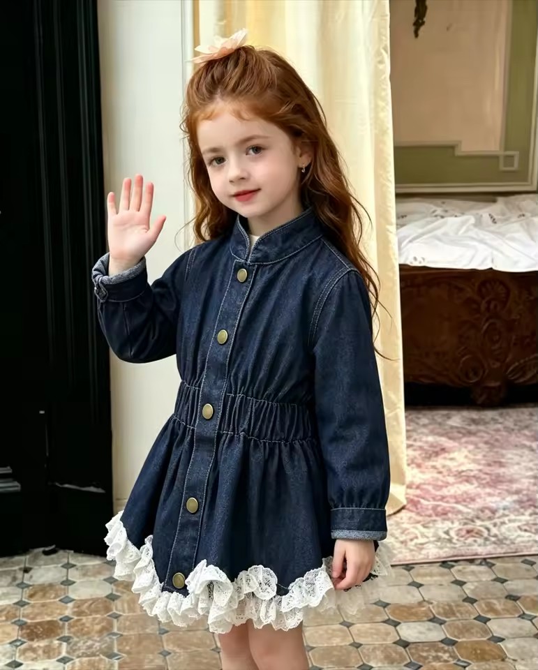 Autumn Kids Girls Denim Dress RAISE Lace Hem Children Girls Turn Down Collar Dress Elastic Waist Toddler Girls Long Sleeve Coats
