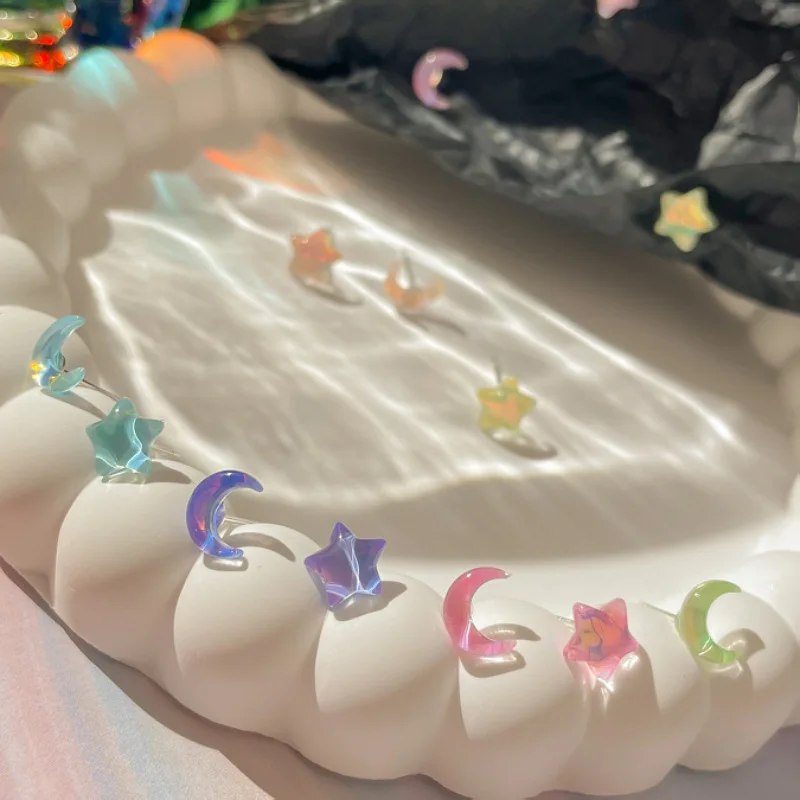7Pairs/Set Fantastic Fairy Colorful Moon Star Stud Earrings Set Women Delicate Candy Sweet Resin Earrings Girls Gift