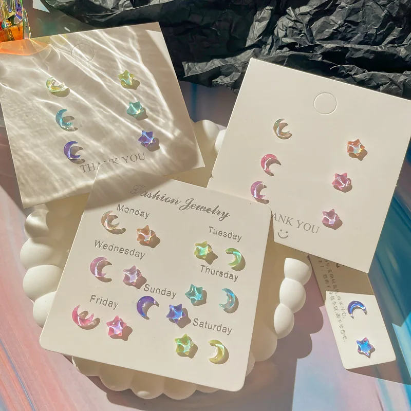 7Pairs/Set Fantastic Fairy Colorful Moon Star Stud Earrings Set Women Delicate Candy Sweet Resin Earrings Girls Gift