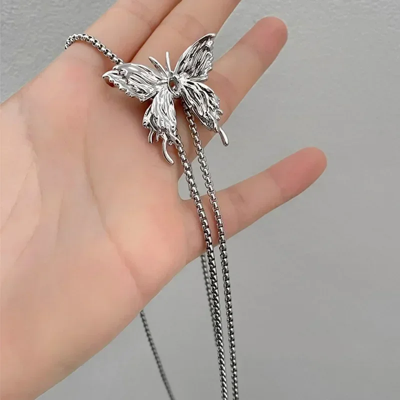 Irregular Liquid Metal Butterfly Necklace Silver Color Butterfly Pendant Adjustable stainless steel Chain Punk Hiphop Jewelry