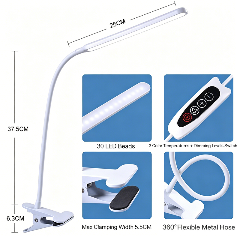 USB Clip-on LED Desk Lamp, Eye-Caring Reading Light with 3 Color Temperatures, 10-Level Dimming, Flexible Gooseneck, UK Plug Cha