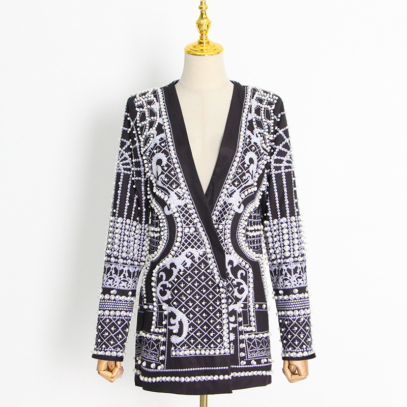 Retro suit 2026 autumn new style fashionable temperament nail bead print long sleeved high-end suit jacket women's clothing