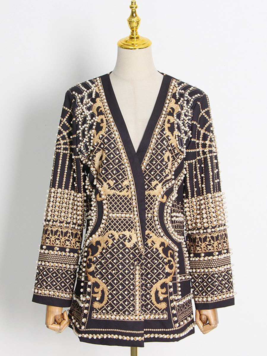 Retro suit 2026 autumn new style fashionable temperament nail bead print long sleeved high-end suit jacket women's clothing