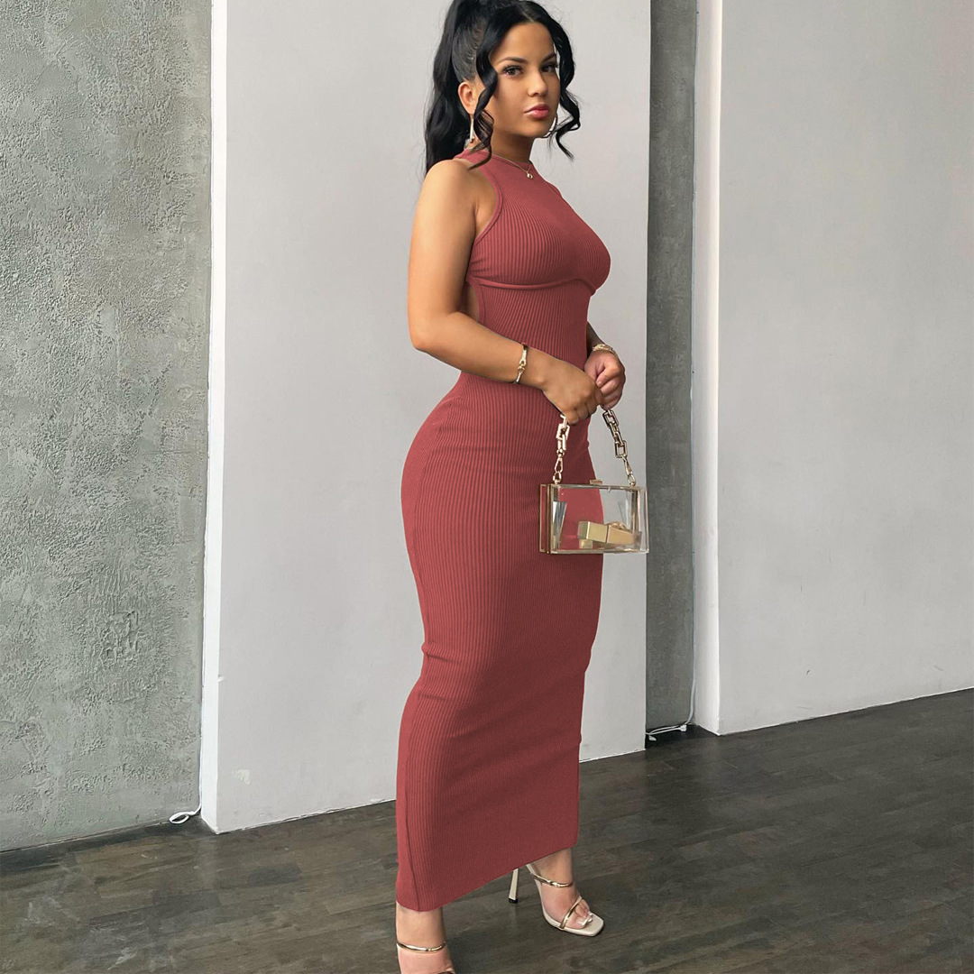 Ribbed Solid Hollow Out Backless Sleeveless Sexy Slit Mini Dress Bodycon Women Outfits Elegant Party Y2K