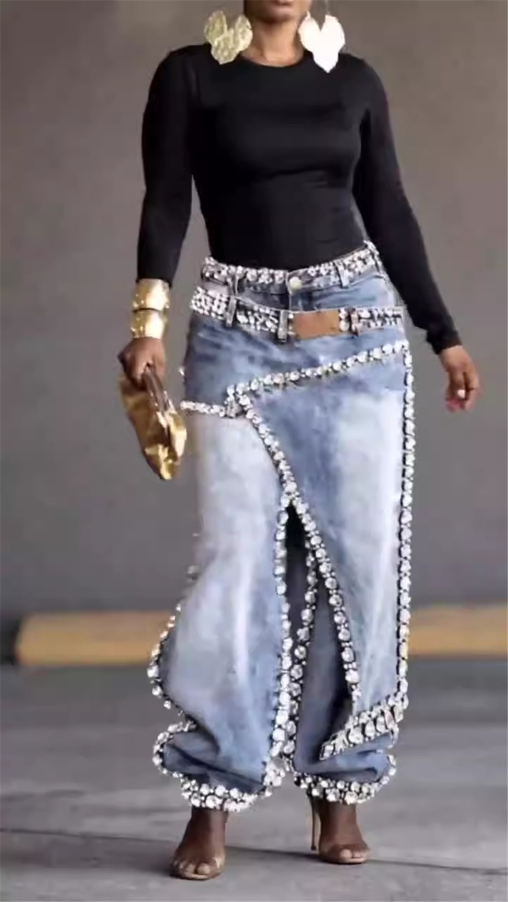 Fashionable High Waist Jeans 2026 New Splicing Handmade Diamond Inlaid Design Straight Leg Wide Leg Pants for Women