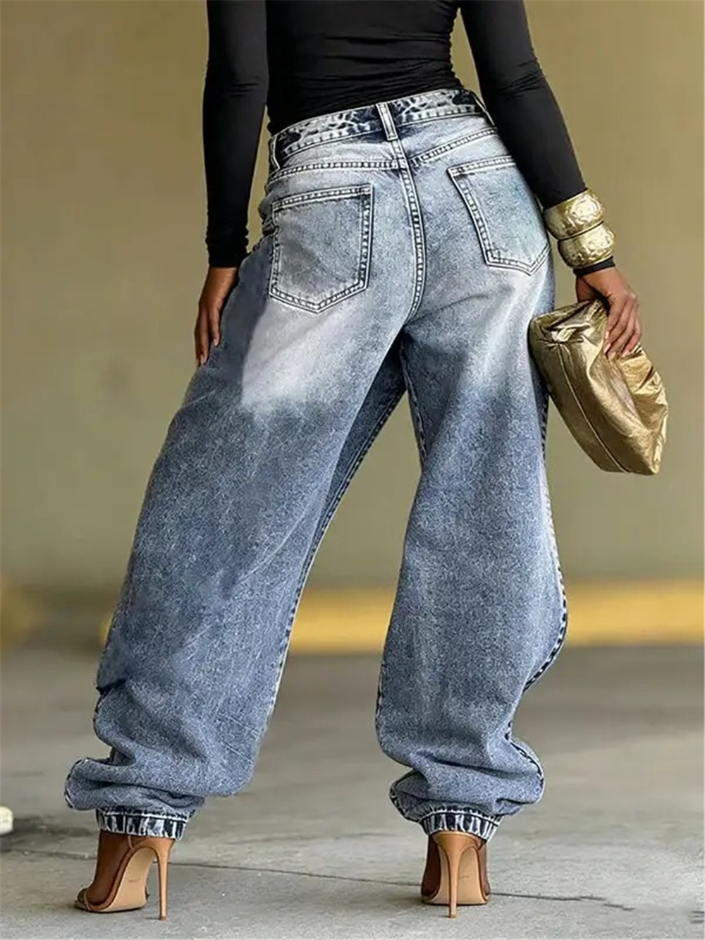 Fashionable High Waist Jeans 2026 New Splicing Handmade Diamond Inlaid Design Straight Leg Wide Leg Pants for Women