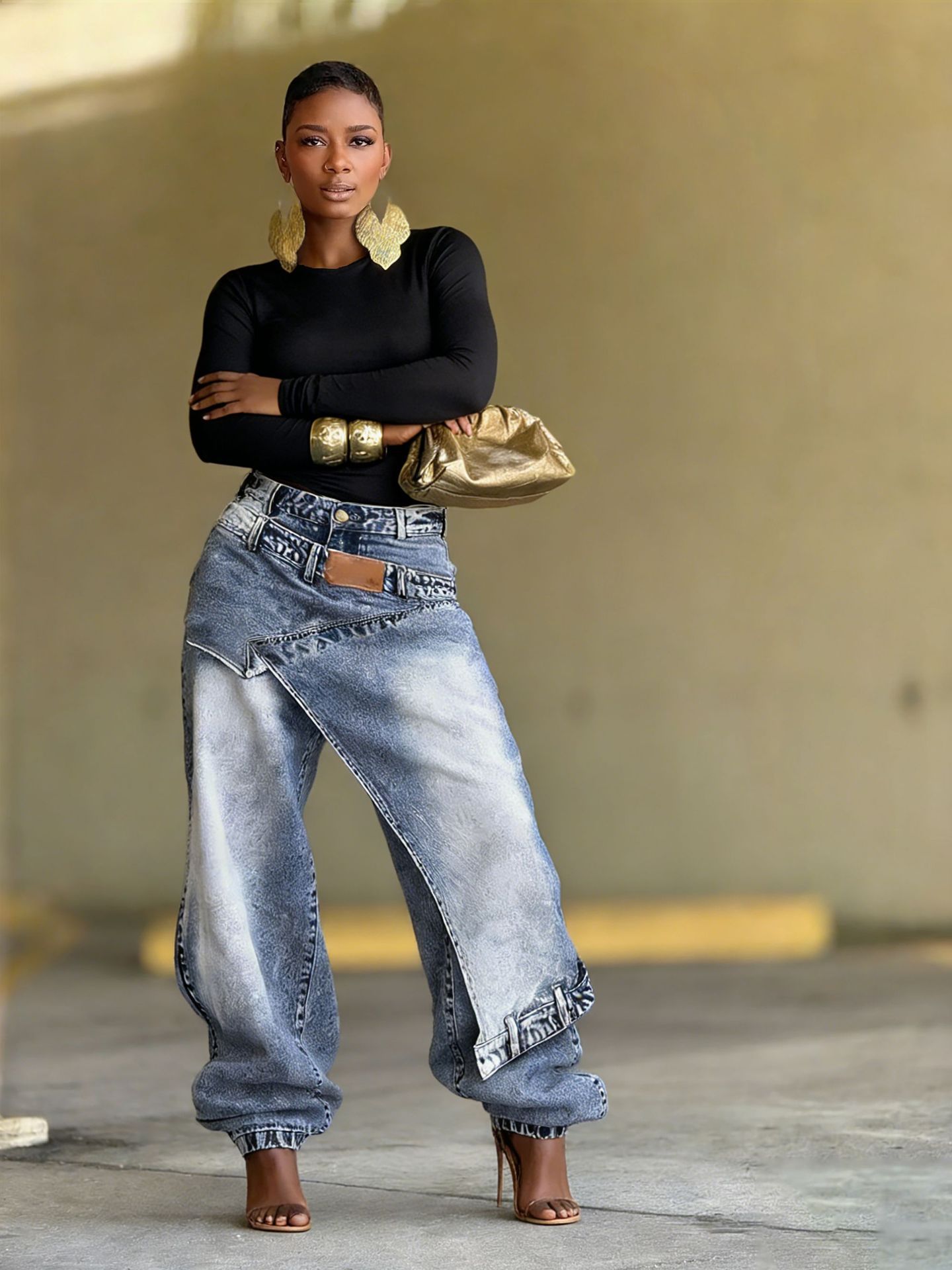 Fashionable High Waist Jeans 2026 New Splicing Handmade Diamond Inlaid Design Straight Leg Wide Leg Pants for Women