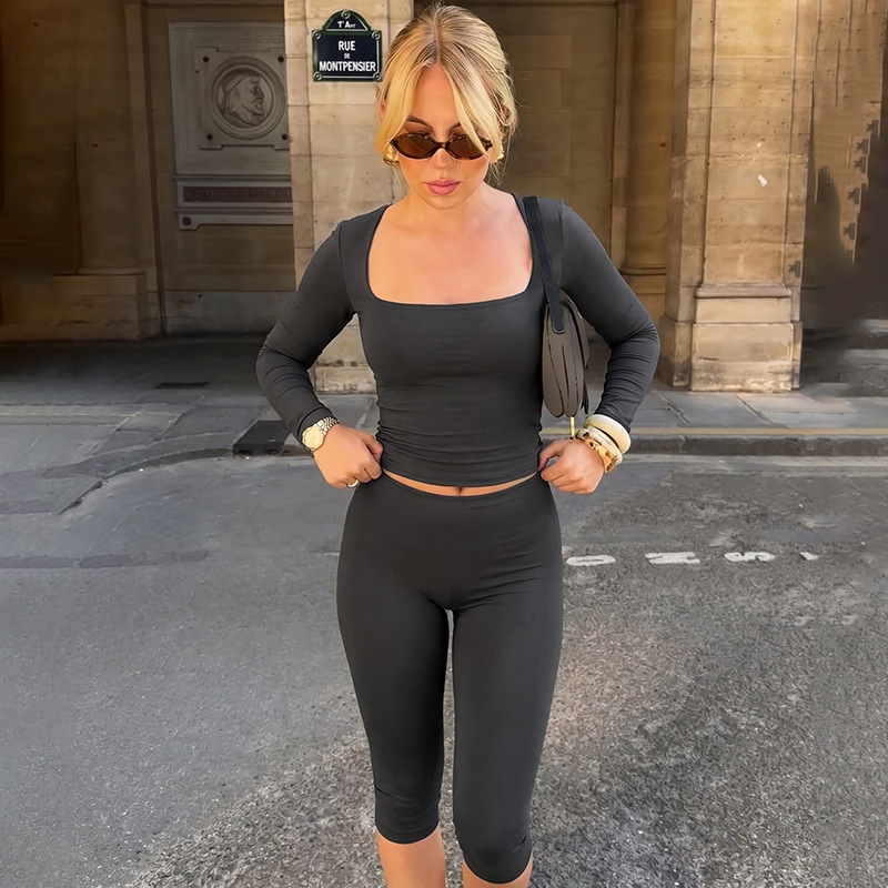2026 Fall New Fashion Fit Long Sleeve Top Slim Yoga Shorts Sportswear Set