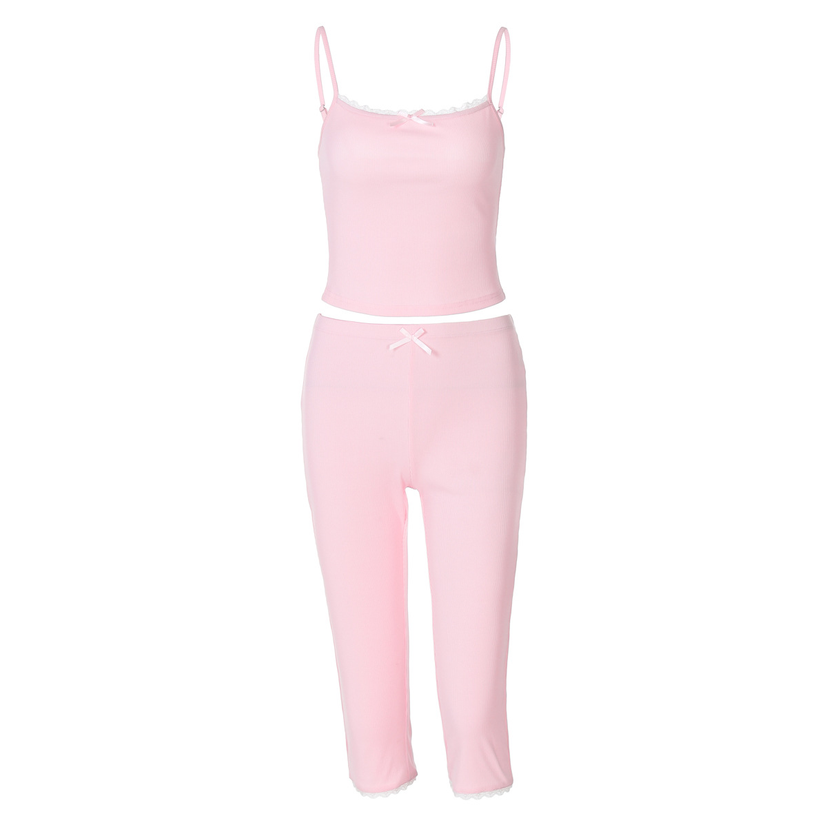 Casual 2 Pcs Sets Solid Patchwork Lace Bow Sexy Crop Camis Top Knee Length Pants Summer Women Outfits Streetwear Sport