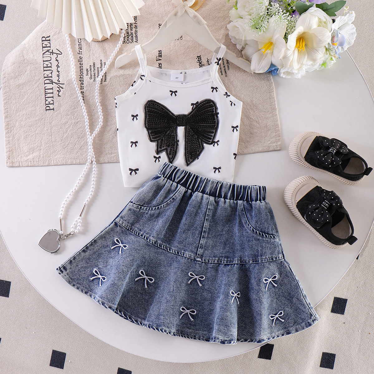 European and American Children's Clothing New Girls' White Butterfly Vest Denim Mini Skirt Two-piece Set