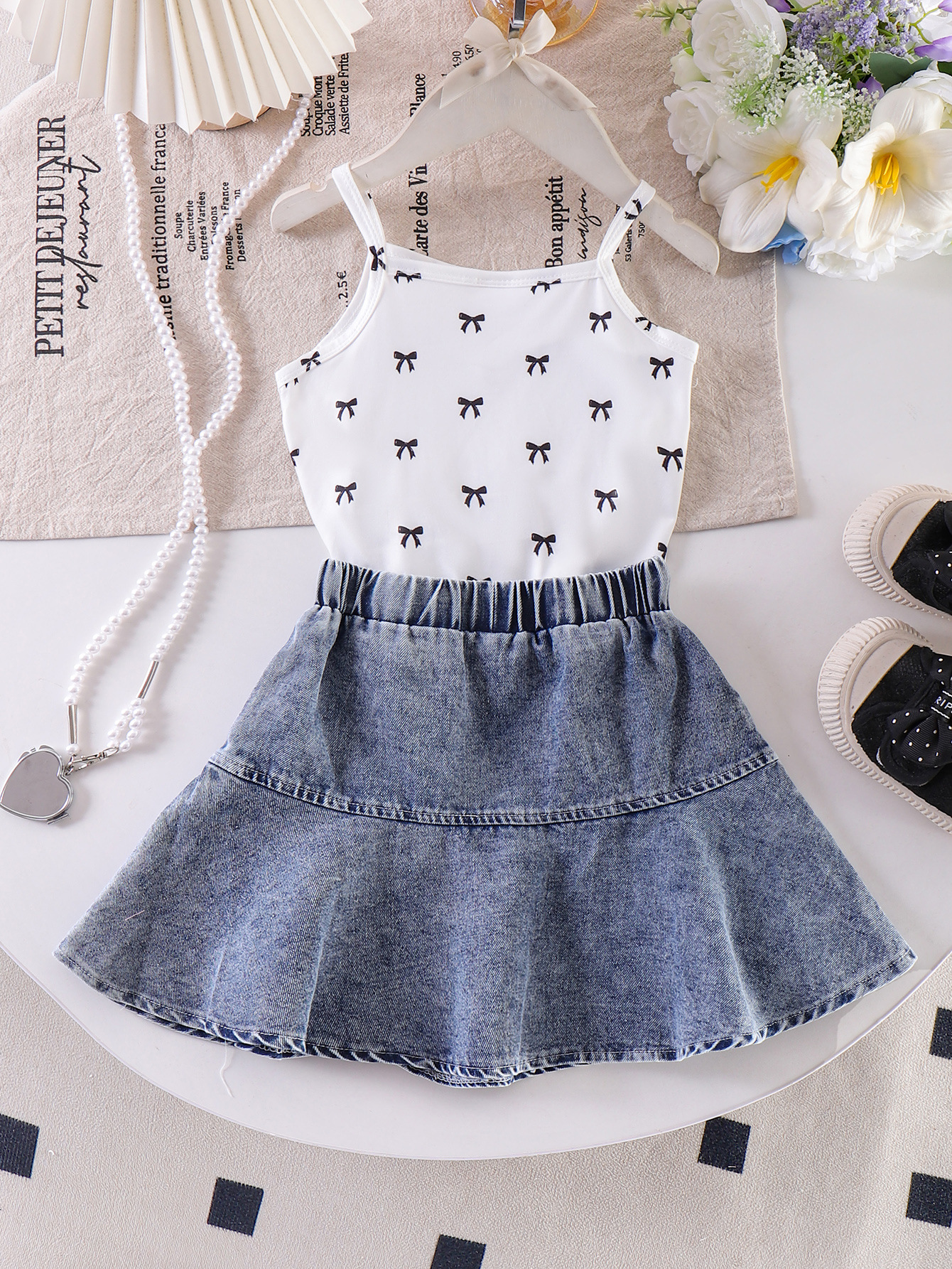 European and American Children's Clothing New Girls' White Butterfly Vest Denim Mini Skirt Two-piece Set