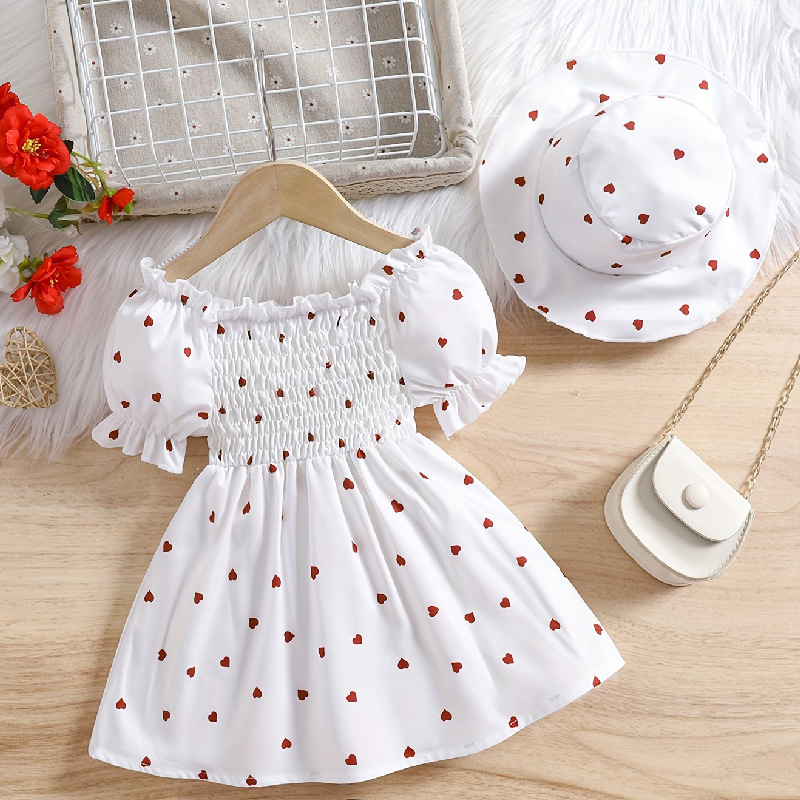 0-3 Year Old Sweetheart Bubble Sleeve Dress Set with Hat