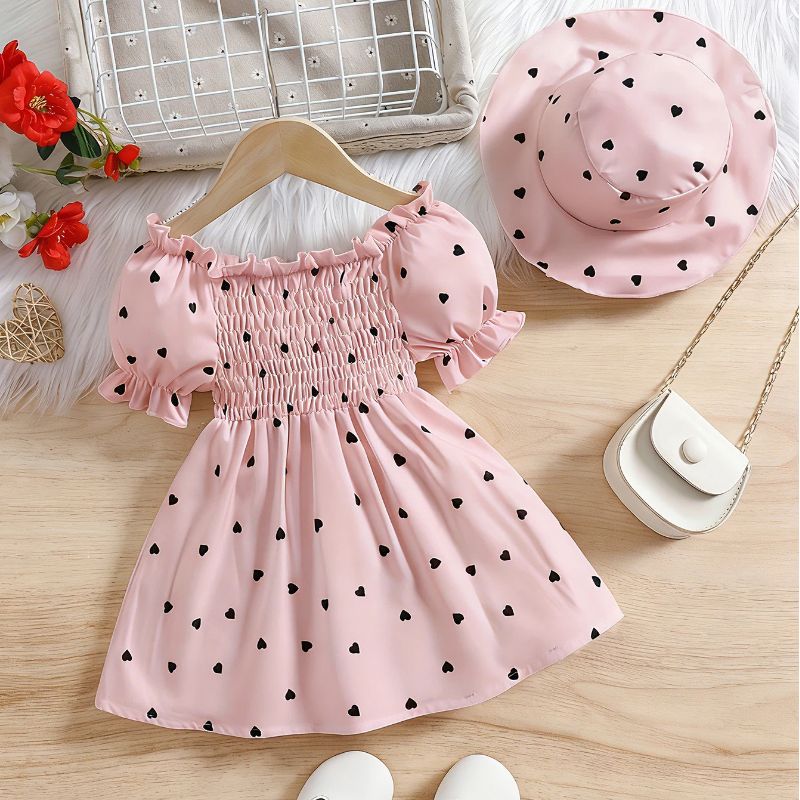 0-3 Year Old Sweetheart Bubble Sleeve Dress Set with Hat