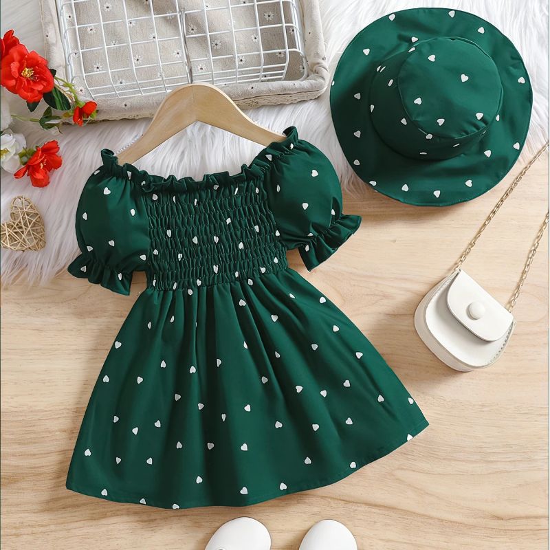 0-3 Year Old Sweetheart Bubble Sleeve Dress Set with Hat