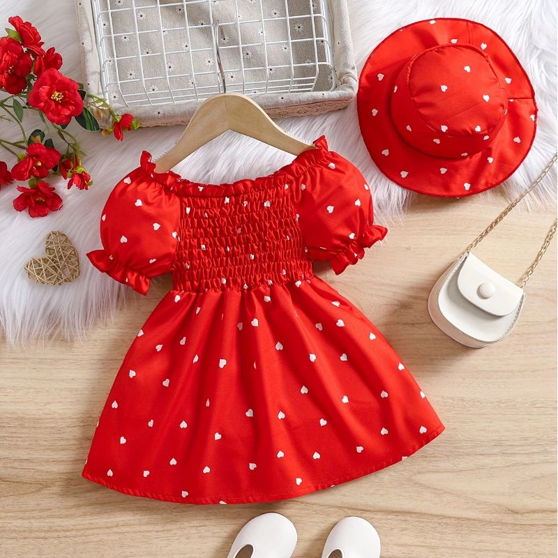 0-3 Year Old Sweetheart Bubble Sleeve Dress Set with Hat