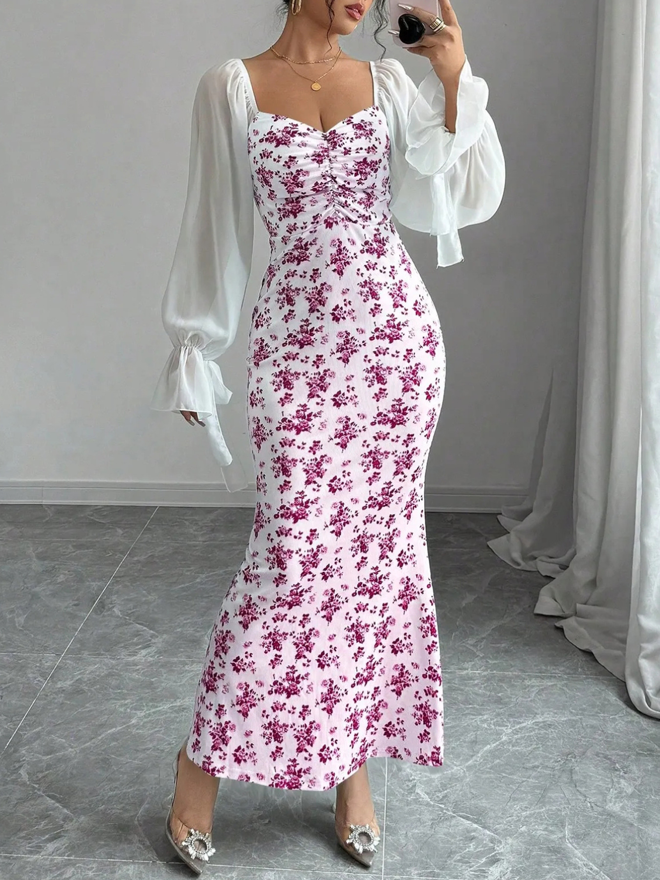Women's long sleeved V-neck dress with chiffon splicing, knitted printing, bag buttocks long skirt