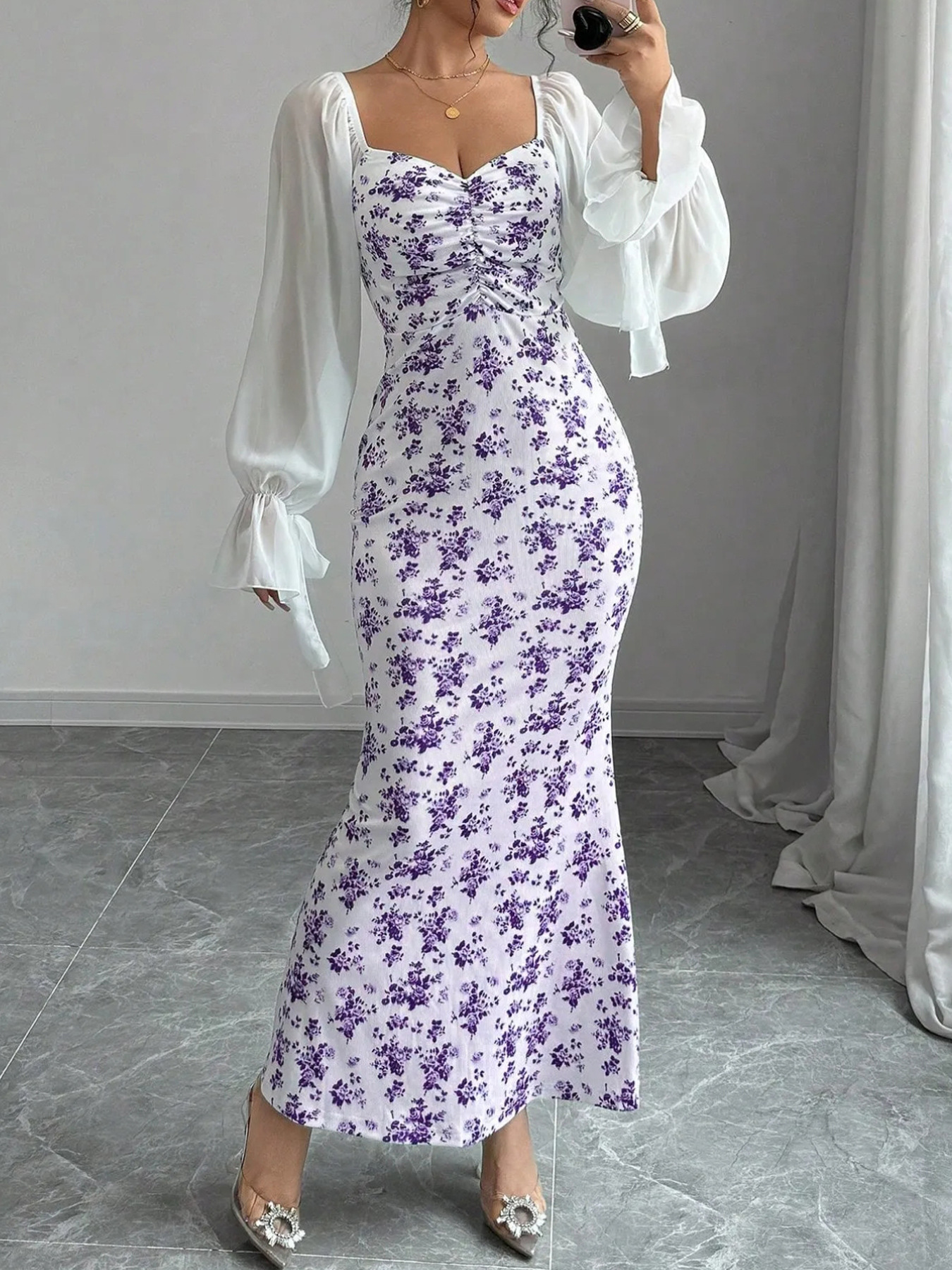Women's long sleeved V-neck dress with chiffon splicing, knitted printing, bag buttocks long skirt