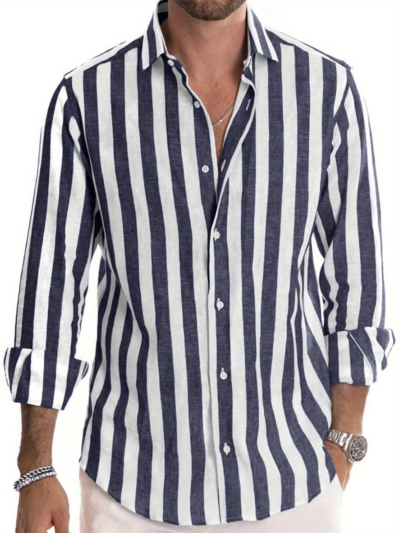 Fashionable men's long sleeved striped collar shirt for spring and autumn