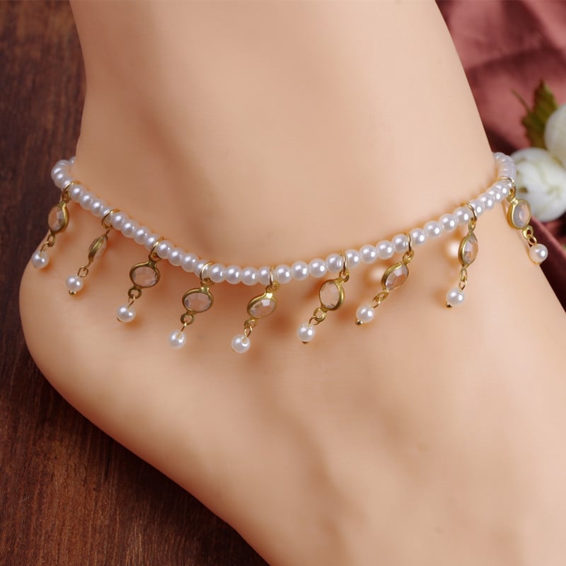 European and American fashion anklets Retro sweet pearl beaded crystal elastic anklets Foot ornaments