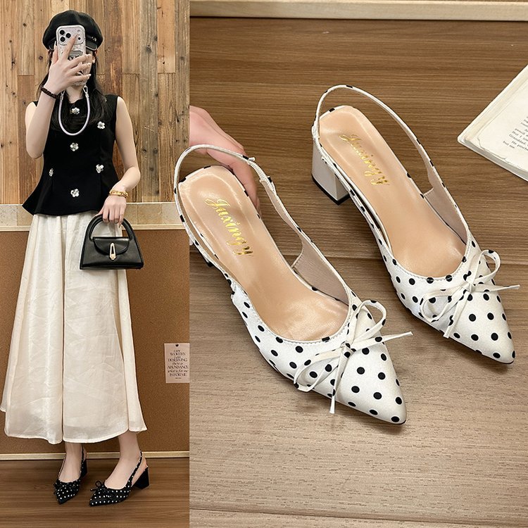 Women’s Sandals: Chunky-heeled, Pointed-toe, Bow-adorned Sandals – Fashionable Polka-dot, Plus-size High-heeled Sandals