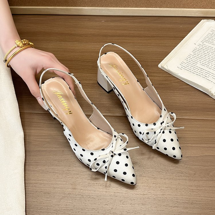 Women’s Sandals: Chunky-heeled, Pointed-toe, Bow-adorned Sandals – Fashionable Polka-dot, Plus-size High-heeled Sandals