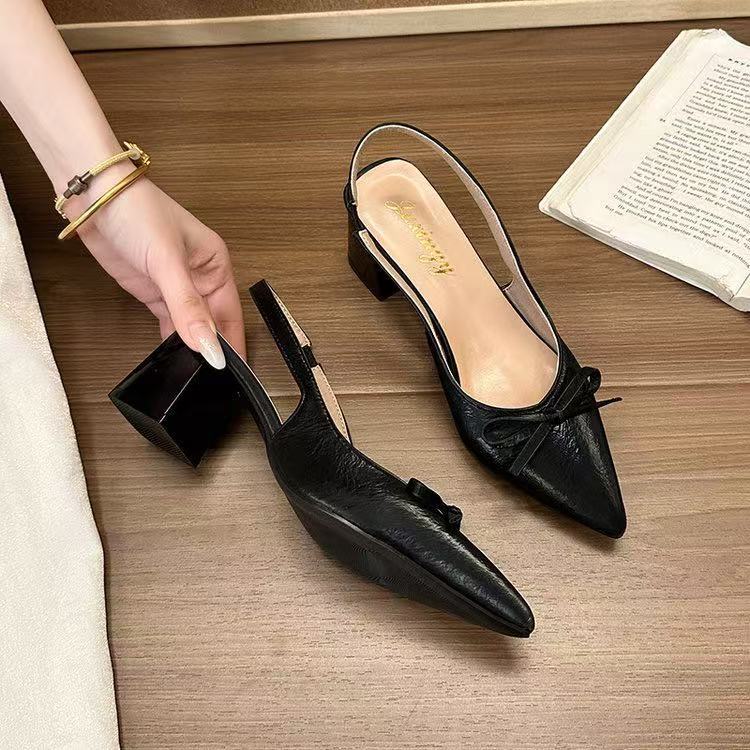 Women’s Sandals: Chunky-heeled, Pointed-toe, Bow-adorned Sandals – Fashionable Polka-dot, Plus-size High-heeled Sandals