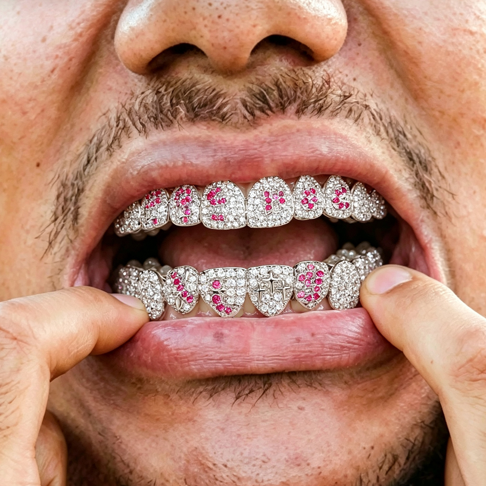 1 Set Red Mirror Hip Hop Grillz, Eco-friendly Copper Shiny 8 Teeth Top and Bottom Grills, Halloween Punk Jewelry