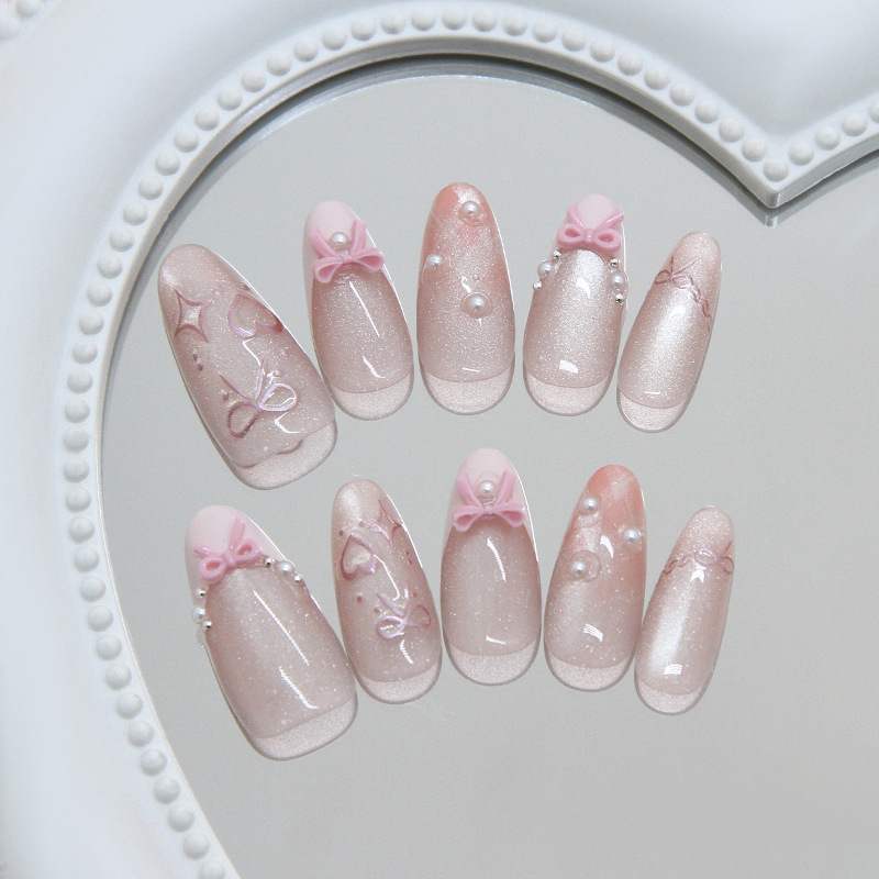 24pcs Pink Flower Almond Press on Nails Kawaii False Nails Wearable Stick-on Nails Fake Nail  Tips Short Round Press on Nails