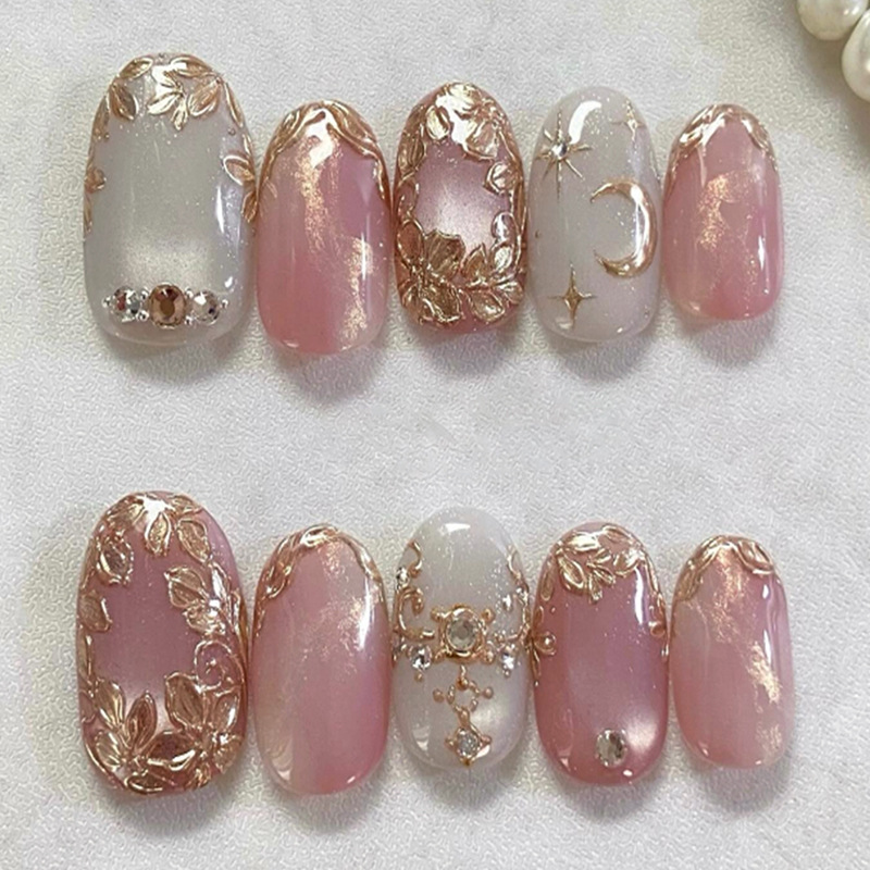 24pcs Pink Flower Almond Press on Nails Kawaii False Nails Wearable Stick-on Nails Fake Nail  Tips Short Round Press on Nails