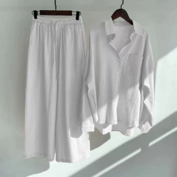 Hot selling women's retro plus size cotton linen shirt high waisted loose pants two-piece set
