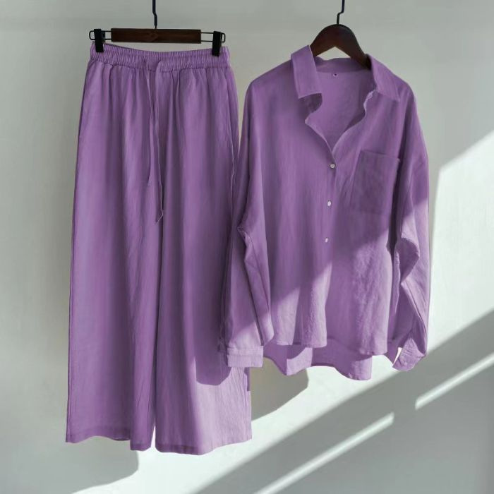 Hot selling women's retro plus size cotton linen shirt high waisted loose pants two-piece set
